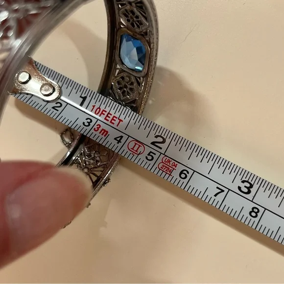 Vintage antique Victorian Art deco Silver Filagree Rose Enamel Blue Bracelet - Picture 14 of 17